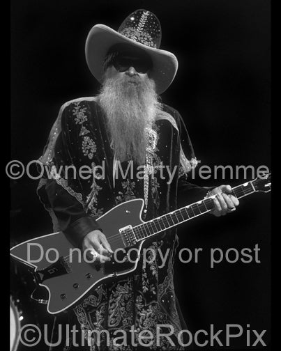 Photo of Billy Gibbons of ZZ Top playing a Gretsch Jupiter in concert by Marty Temme