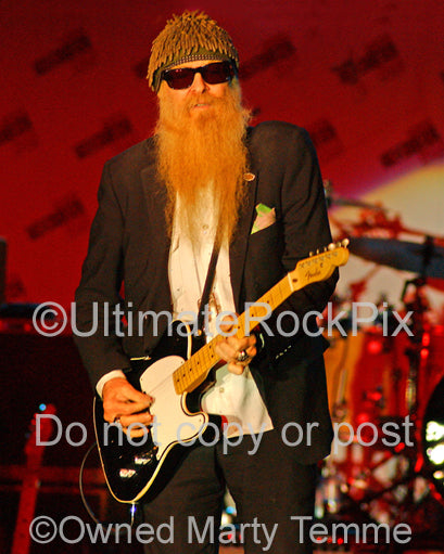 Photo of Billy Gibbons of ZZ Top playing a Fender Telecaster in concert in 2008 by Marty Temme