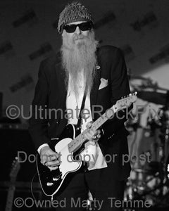 Black and white photo of Billy Gibbons of ZZ Top playing a Telecaster by Marty Temme